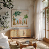 Beach Day V by Yvette St. Amant. Shown in a natural wood frame in a cozy modern living room. Available as an archival giclee rolled canvas, fine art paper, or poster print. SKU 98784a.