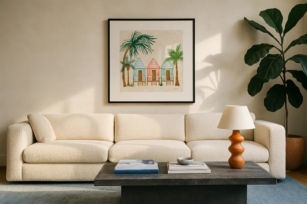 Beach Day V by Yvette St. Amant. Displayed in a glass frame with matte in a clean modern living room. Available as an archival giclee rolled canvas, fine art paper, or poster print. SKU 98784a.