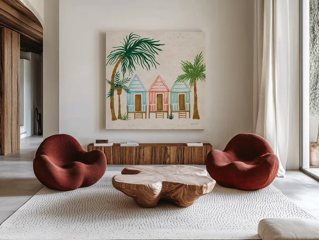 Beach Day V by Yvette St. Amant. Shown as extra-large giant wall art in a modern living room. Available as an archival giclee rolled canvas, fine art paper, or poster print. SKU 98784a.