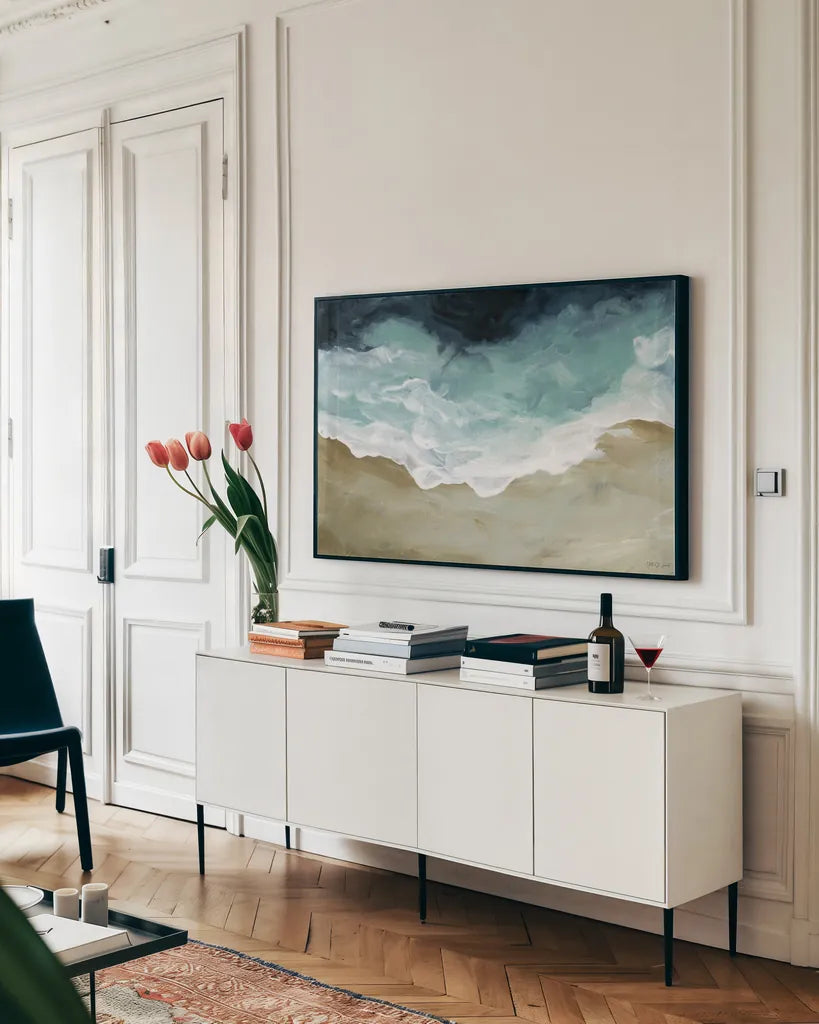 Beachscape II by Yvette St. Amant. shown as a framed stretched canvas in a living room above a console. Available as a archival giclee rolled canvas, fine art paper, or poster print. SKU 99241i.