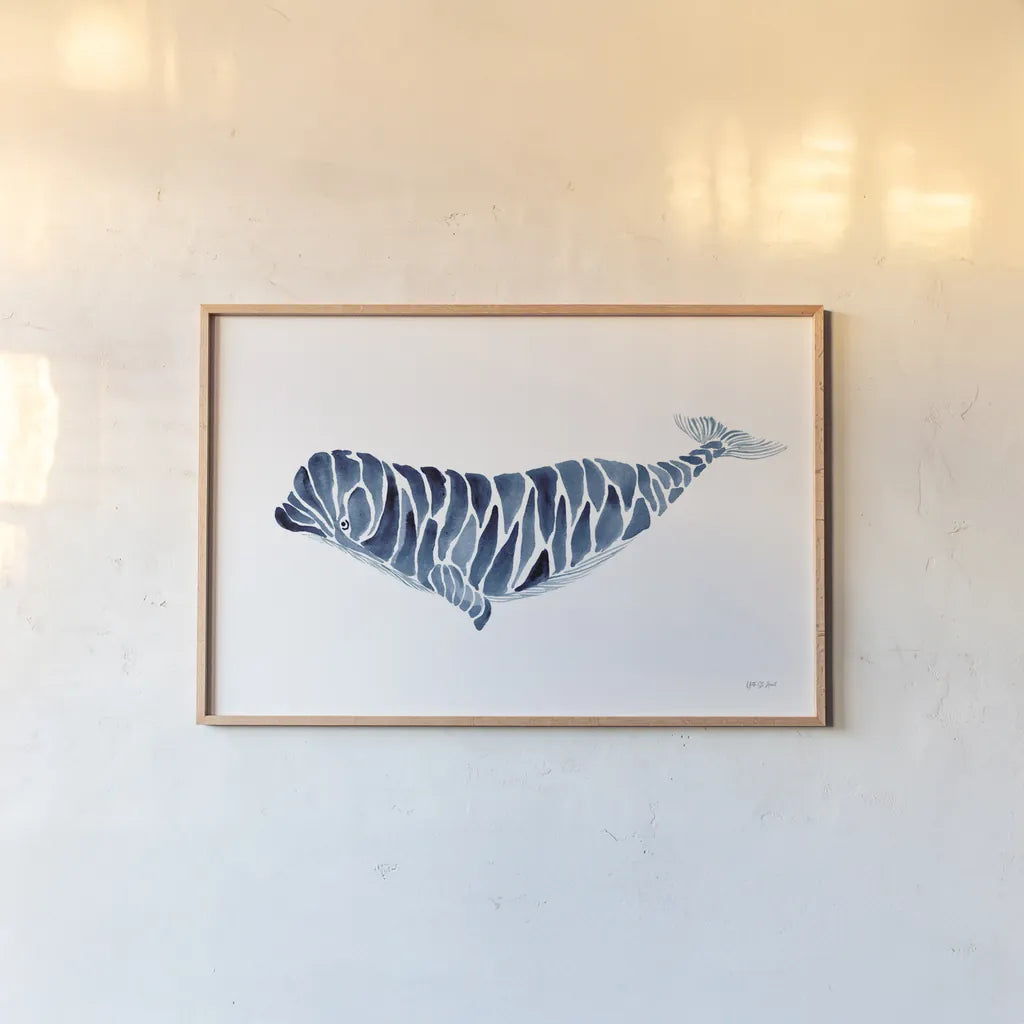 Beluga Whale by Yvette St. Amant. shown as a paper print in a natural frame. Available as a archival giclee rolled canvas, fine art paper, or poster print. SKU 90113i.