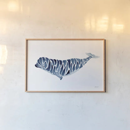 Beluga Whale by Yvette St. Amant. shown as a paper print in a natural frame. Available as a archival giclee rolled canvas, fine art paper, or poster print. SKU 90113i.
