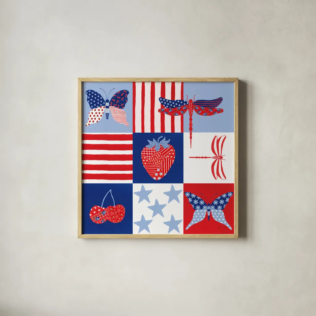 Berry Americana II by Yvette St. Amant. Shown in a natural wood glass frame for a timeless modern aesthetic. Available as an archival giclee rolled canvas, fine art paper, or poster print. SKU 97651a.