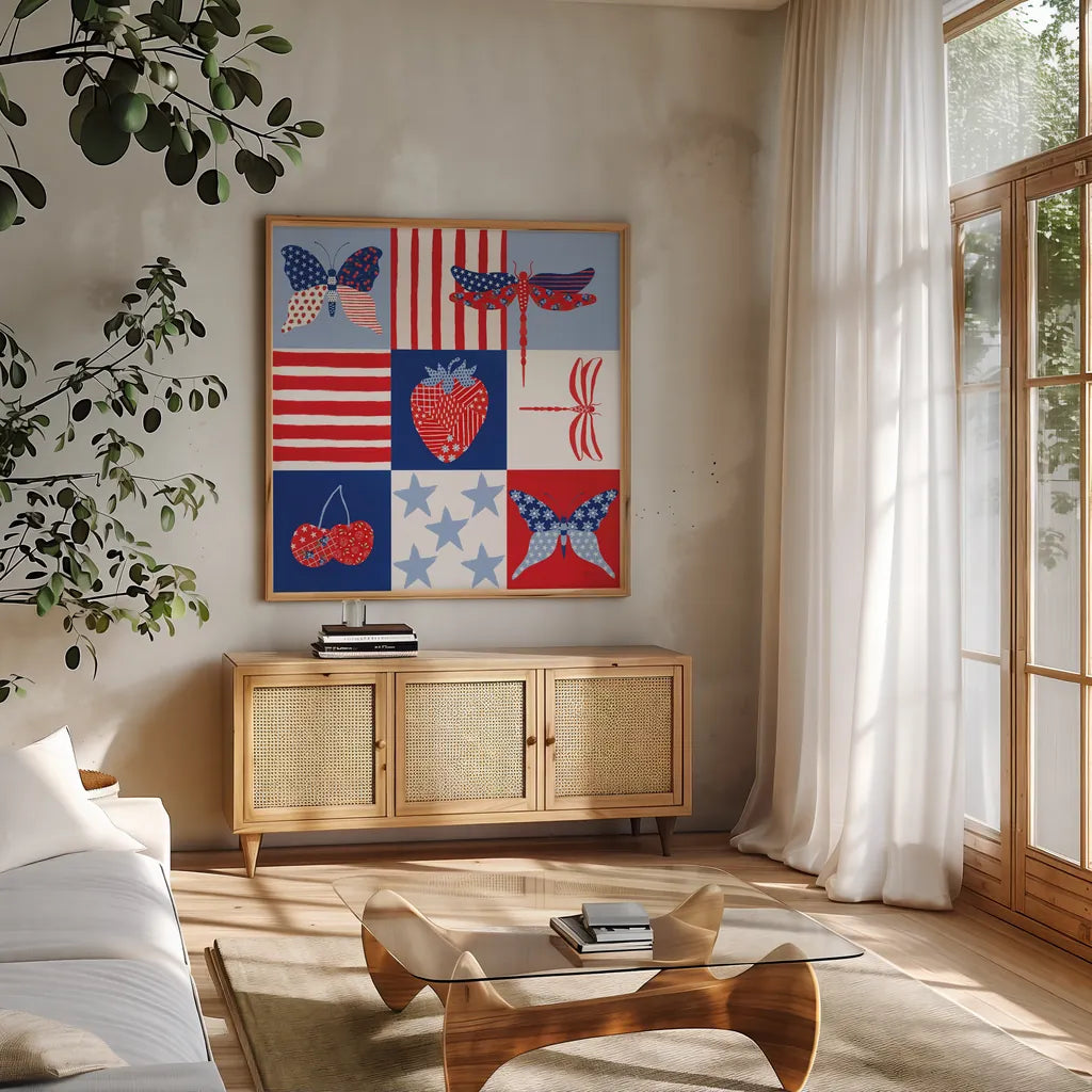 Berry Americana II by Yvette St. Amant. Shown in a natural wood frame in a cozy modern living room. Available as an archival giclee rolled canvas, fine art paper, or poster print. SKU 97651a.