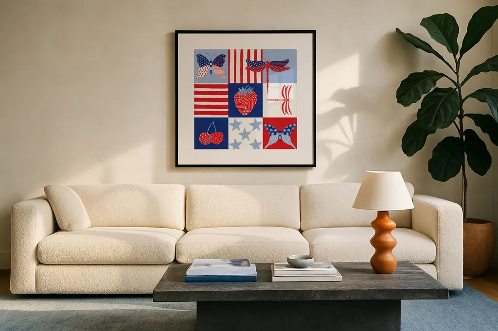 Berry Americana II by Yvette St. Amant. Displayed in a glass frame with matte in a clean modern living room. Available as an archival giclee rolled canvas, fine art paper, or poster print. SKU 97651a.