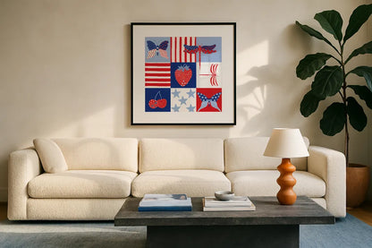Berry Americana II by Yvette St. Amant. Displayed in a glass frame with matte in a clean modern living room. Available as an archival giclee rolled canvas, fine art paper, or poster print. SKU 97651a.