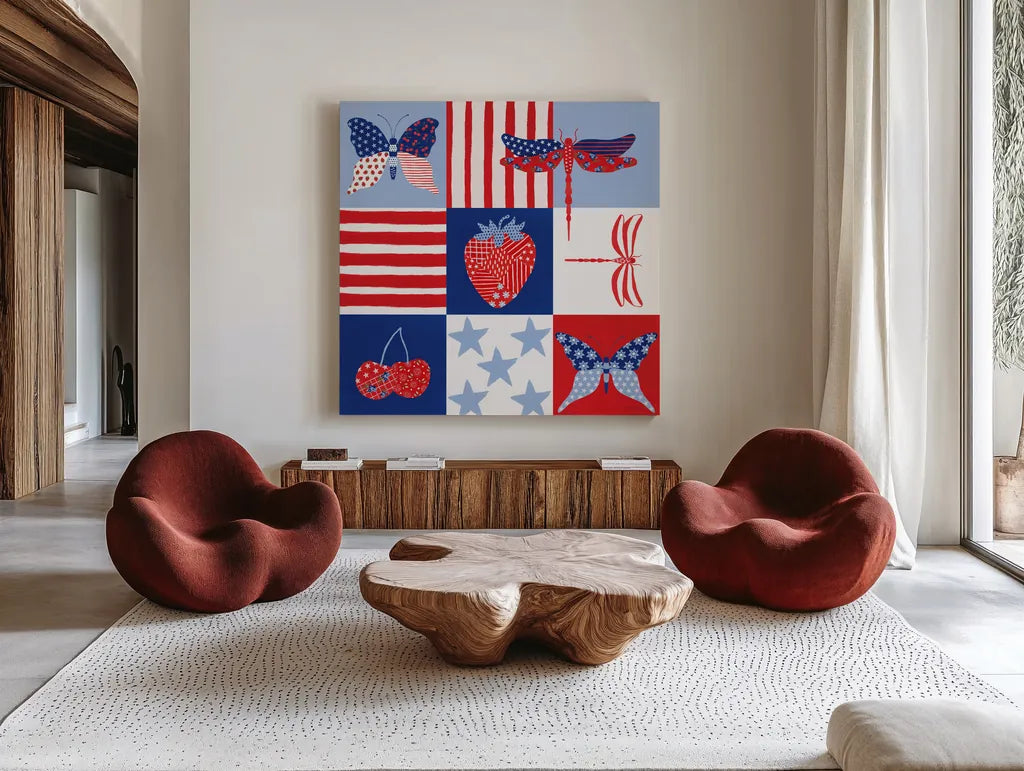 Berry Americana II by Yvette St. Amant. Shown as extra-large giant wall art in a modern living room. Available as an archival giclee rolled canvas, fine art paper, or poster print. SKU 97651a.