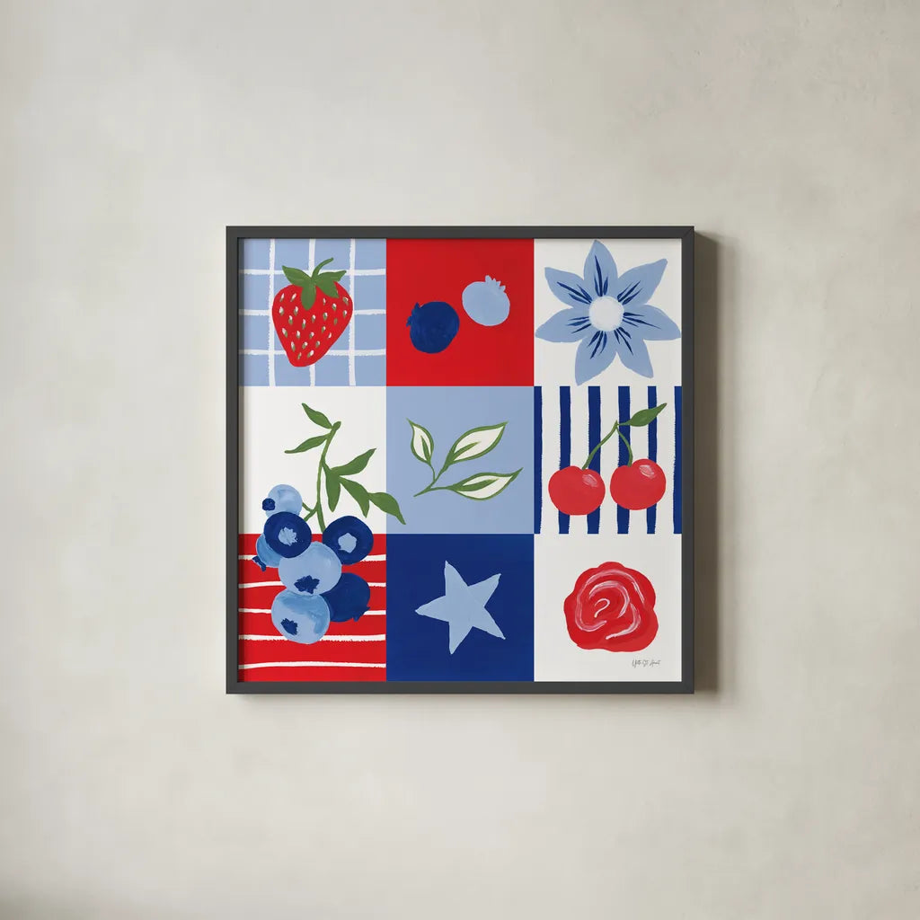 Berry Americana III by Yvette St. Amant. Shown in a sleek black glass frame for a contemporary gallery look. Available as an archival giclee rolled canvas, fine art paper, or poster print. SKU 97652a.