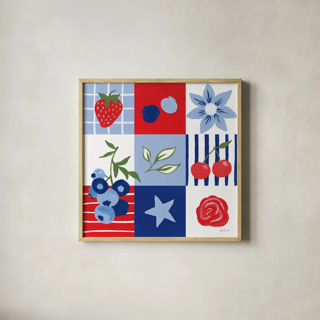 Berry Americana III by Yvette St. Amant. Shown in a natural wood glass frame for a timeless modern aesthetic. Available as an archival giclee rolled canvas, fine art paper, or poster print. SKU 97652a.