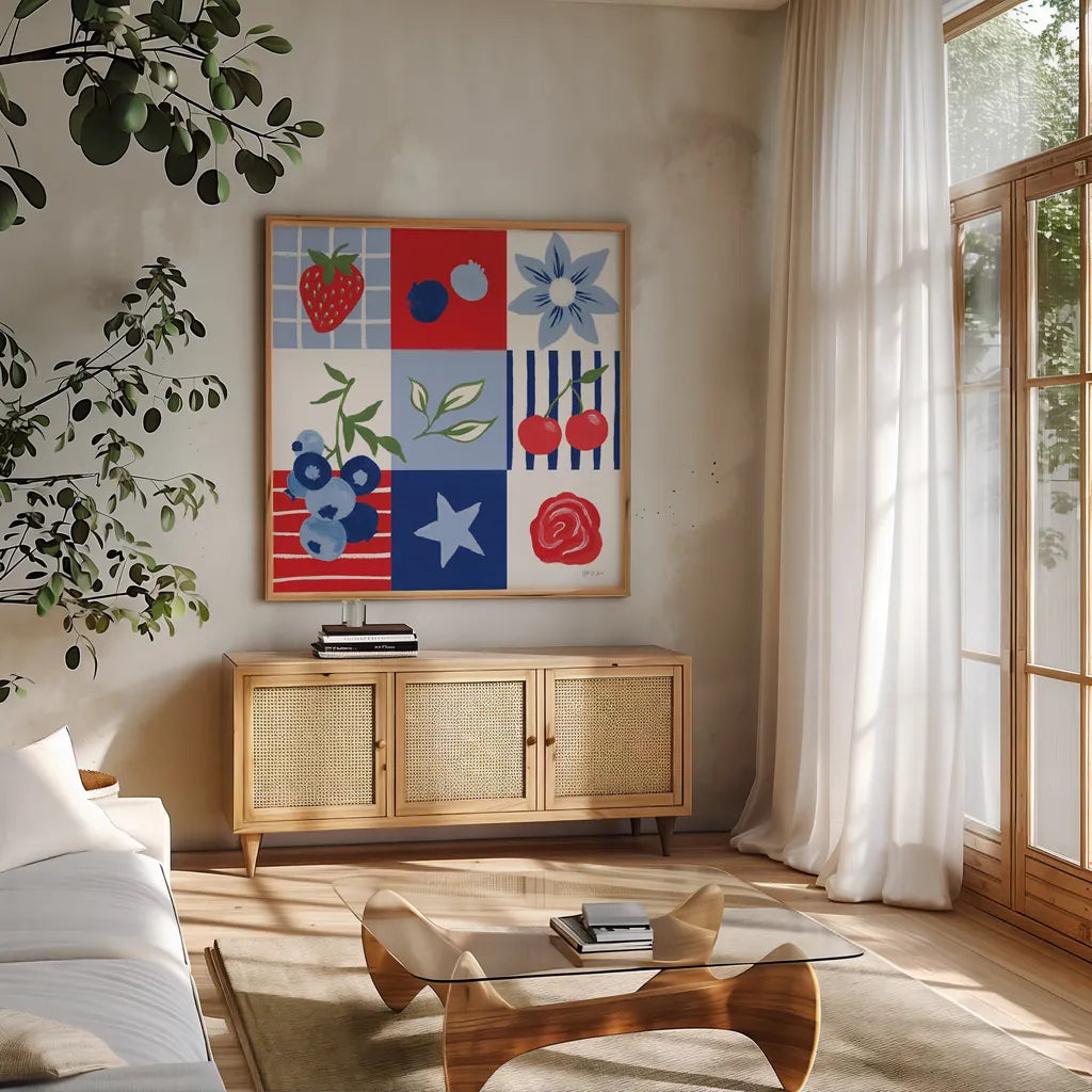 Berry Americana III by Yvette St. Amant. Shown in a natural wood frame in a cozy modern living room. Available as an archival giclee rolled canvas, fine art paper, or poster print. SKU 97652a.