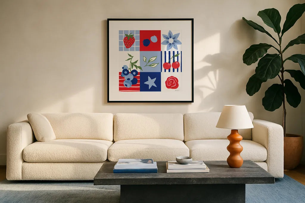 Berry Americana III by Yvette St. Amant. Displayed in a glass frame with matte in a clean modern living room. Available as an archival giclee rolled canvas, fine art paper, or poster print. SKU 97652a.