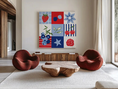 Berry Americana III by Yvette St. Amant. Shown as extra-large giant wall art in a modern living room. Available as an archival giclee rolled canvas, fine art paper, or poster print. SKU 97652a.