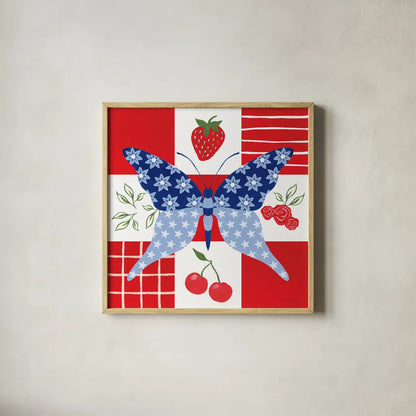 Berry Americana IV by Yvette St. Amant. Shown in a natural wood glass frame for a timeless modern aesthetic. Available as an archival giclee rolled canvas, fine art paper, or poster print. SKU 97653a.