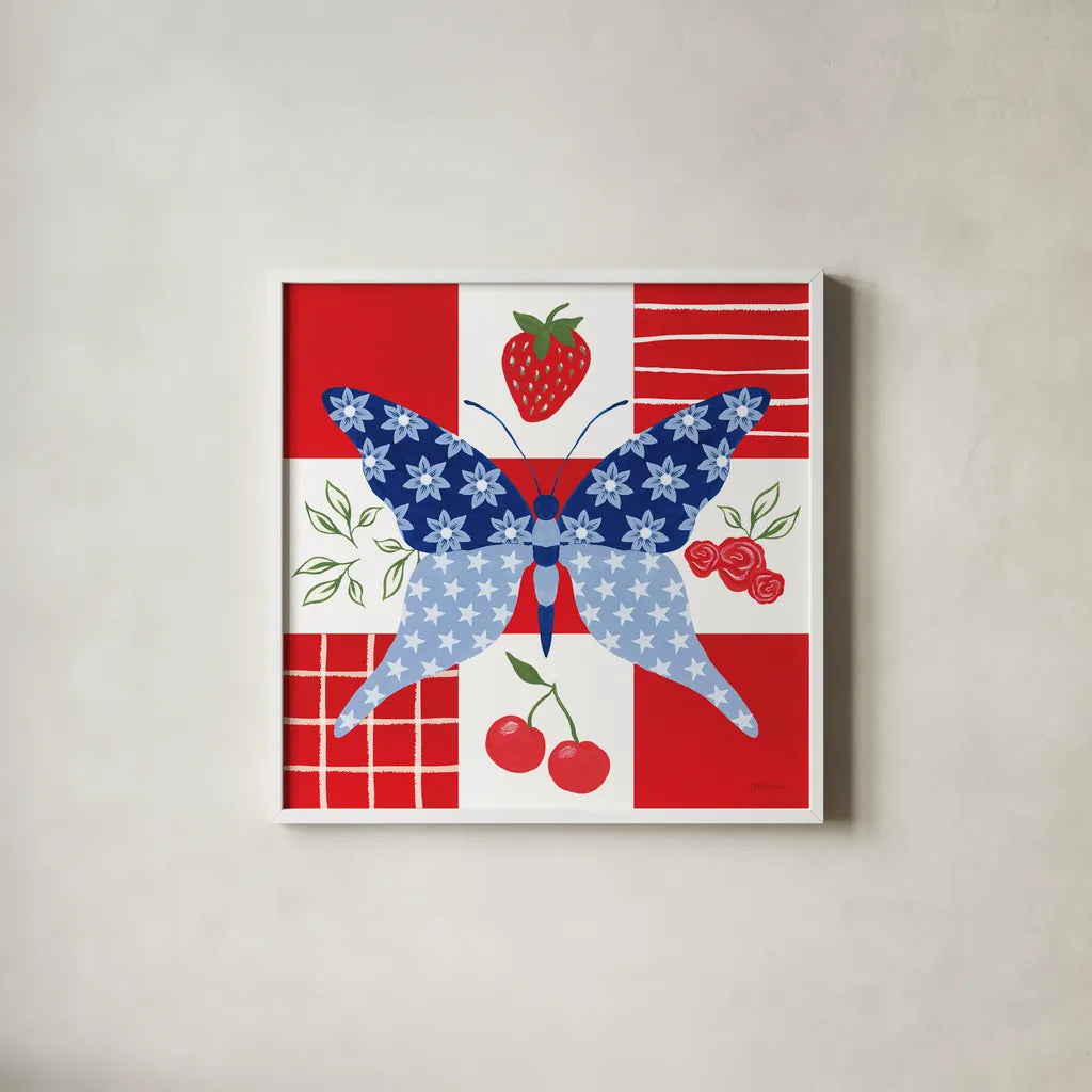 Berry Americana IV by Yvette St. Amant. Shown in a crisp white glass frame for a clean and minimalist style. Available as an archival giclee rolled canvas, fine art paper, or poster print. SKU 97653a.
