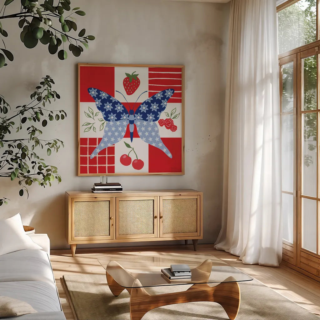 Berry Americana IV by Yvette St. Amant. Shown in a natural wood frame in a cozy modern living room. Available as an archival giclee rolled canvas, fine art paper, or poster print. SKU 97653a.
