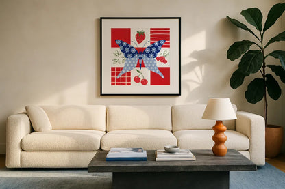 Berry Americana IV by Yvette St. Amant. Displayed in a glass frame with matte in a clean modern living room. Available as an archival giclee rolled canvas, fine art paper, or poster print. SKU 97653a.