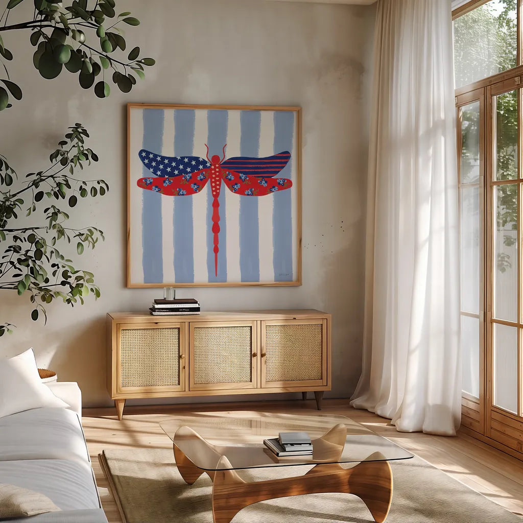 Berry Americana IX by Yvette St. Amant. Shown in a natural wood frame in a cozy modern living room. Available as an archival giclee rolled canvas, fine art paper, or poster print. SKU 97658a.