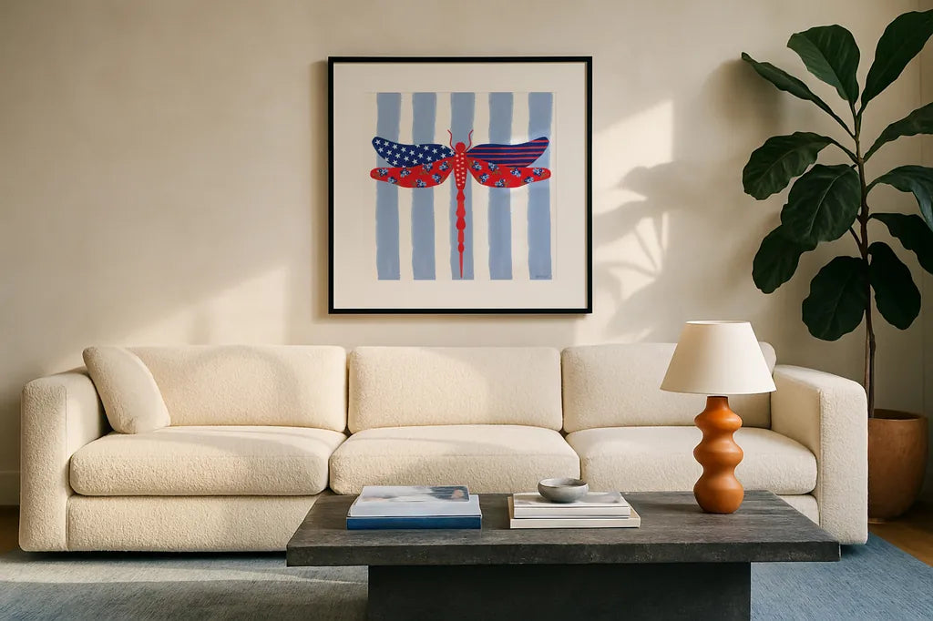 Berry Americana IX by Yvette St. Amant. Displayed in a glass frame with matte in a clean modern living room. Available as an archival giclee rolled canvas, fine art paper, or poster print. SKU 97658a.