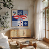 Berry Americana V by Yvette St. Amant. Shown in a natural wood frame in a cozy modern living room. Available as an archival giclee rolled canvas, fine art paper, or poster print. SKU 97654a.