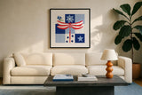 Berry Americana V by Yvette St. Amant. Displayed in a glass frame with matte in a clean modern living room. Available as an archival giclee rolled canvas, fine art paper, or poster print. SKU 97654a.
