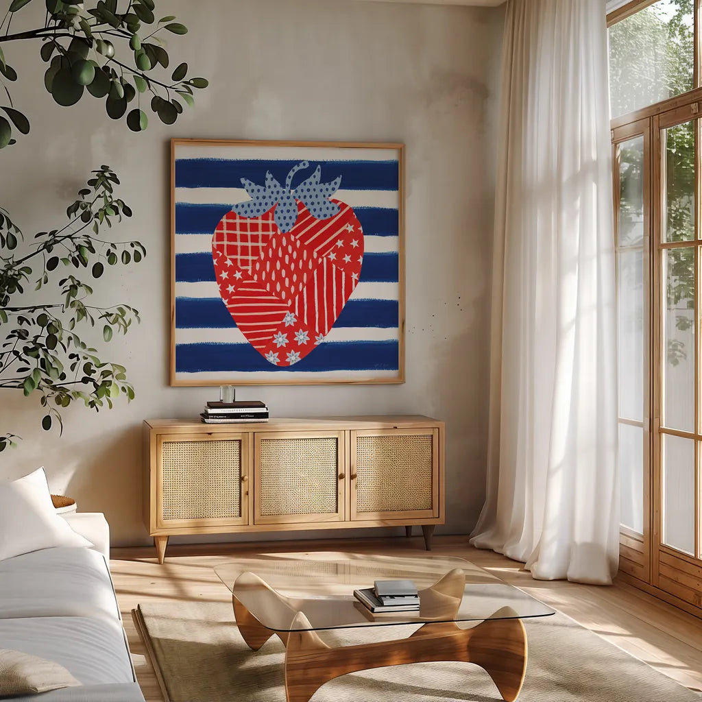Berry Americana VII by Yvette St. Amant. Shown in a natural wood frame in a cozy modern living room. Available as an archival giclee rolled canvas, fine art paper, or poster print. SKU 97656a.