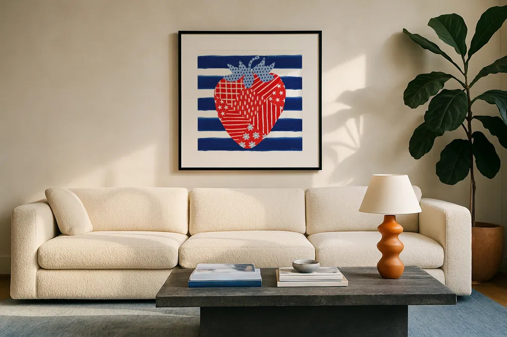 Berry Americana VII by Yvette St. Amant. Displayed in a glass frame with matte in a clean modern living room. Available as an archival giclee rolled canvas, fine art paper, or poster print. SKU 97656a.