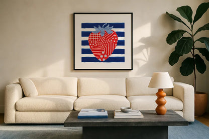 Berry Americana VII by Yvette St. Amant. Displayed in a glass frame with matte in a clean modern living room. Available as an archival giclee rolled canvas, fine art paper, or poster print. SKU 97656a.