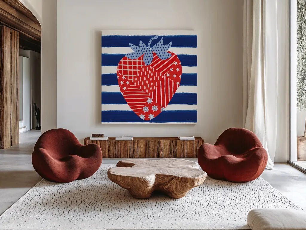 Berry Americana VII by Yvette St. Amant. Shown as extra-large giant wall art in a modern living room. Available as an archival giclee rolled canvas, fine art paper, or poster print. SKU 97656a.
