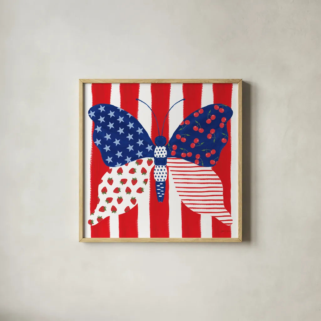 Berry Americana VIII by Yvette St. Amant. Shown in a natural wood glass frame for a timeless modern aesthetic. Available as an archival giclee rolled canvas, fine art paper, or poster print. SKU 97657a.