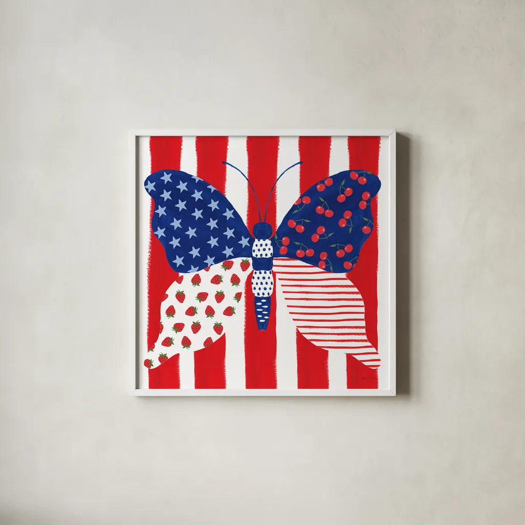 Berry Americana VIII by Yvette St. Amant. Shown in a crisp white glass frame for a clean and minimalist style. Available as an archival giclee rolled canvas, fine art paper, or poster print. SKU 97657a.