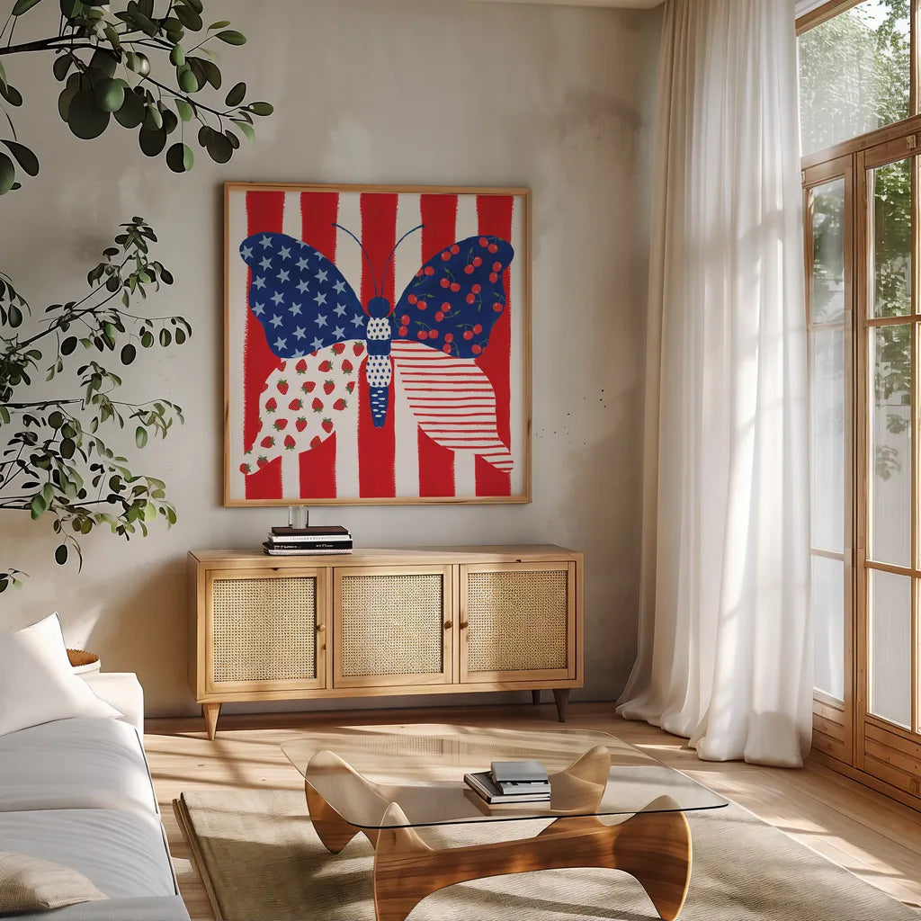 Berry Americana VIII by Yvette St. Amant. Shown in a natural wood frame in a cozy modern living room. Available as an archival giclee rolled canvas, fine art paper, or poster print. SKU 97657a.