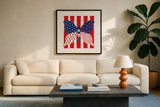 Berry Americana VIII by Yvette St. Amant. Displayed in a glass frame with matte in a clean modern living room. Available as an archival giclee rolled canvas, fine art paper, or poster print. SKU 97657a.