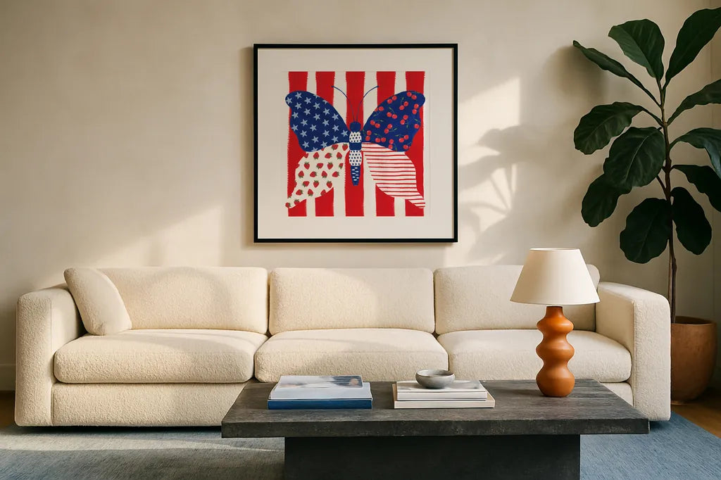 Berry Americana VIII by Yvette St. Amant. Displayed in a glass frame with matte in a clean modern living room. Available as an archival giclee rolled canvas, fine art paper, or poster print. SKU 97657a.