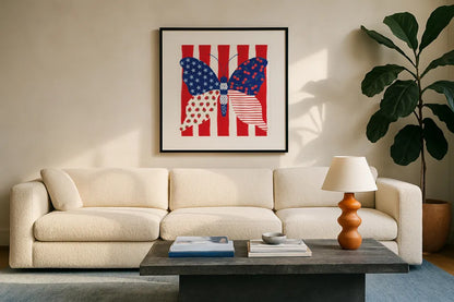 Berry Americana VIII by Yvette St. Amant. Displayed in a glass frame with matte in a clean modern living room. Available as an archival giclee rolled canvas, fine art paper, or poster print. SKU 97657a.