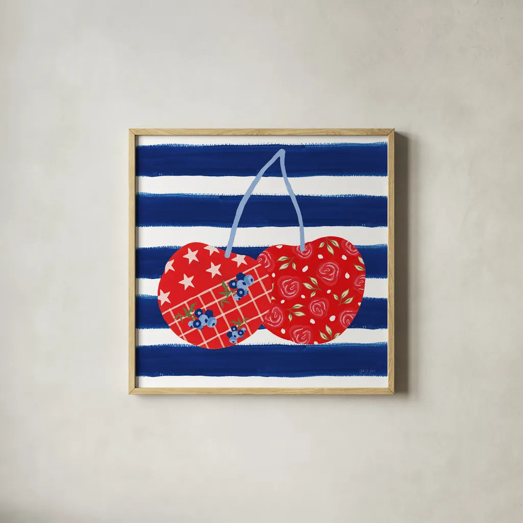 Berry Americana X by Yvette St. Amant. Shown in a natural wood glass frame for a timeless modern aesthetic. Available as an archival giclee rolled canvas, fine art paper, or poster print. SKU 97659a.