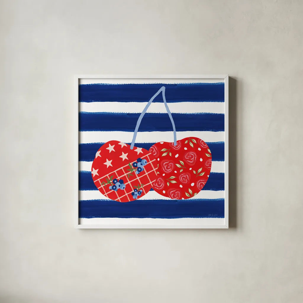 Berry Americana X by Yvette St. Amant. Shown in a crisp white glass frame for a clean and minimalist style. Available as an archival giclee rolled canvas, fine art paper, or poster print. SKU 97659a.