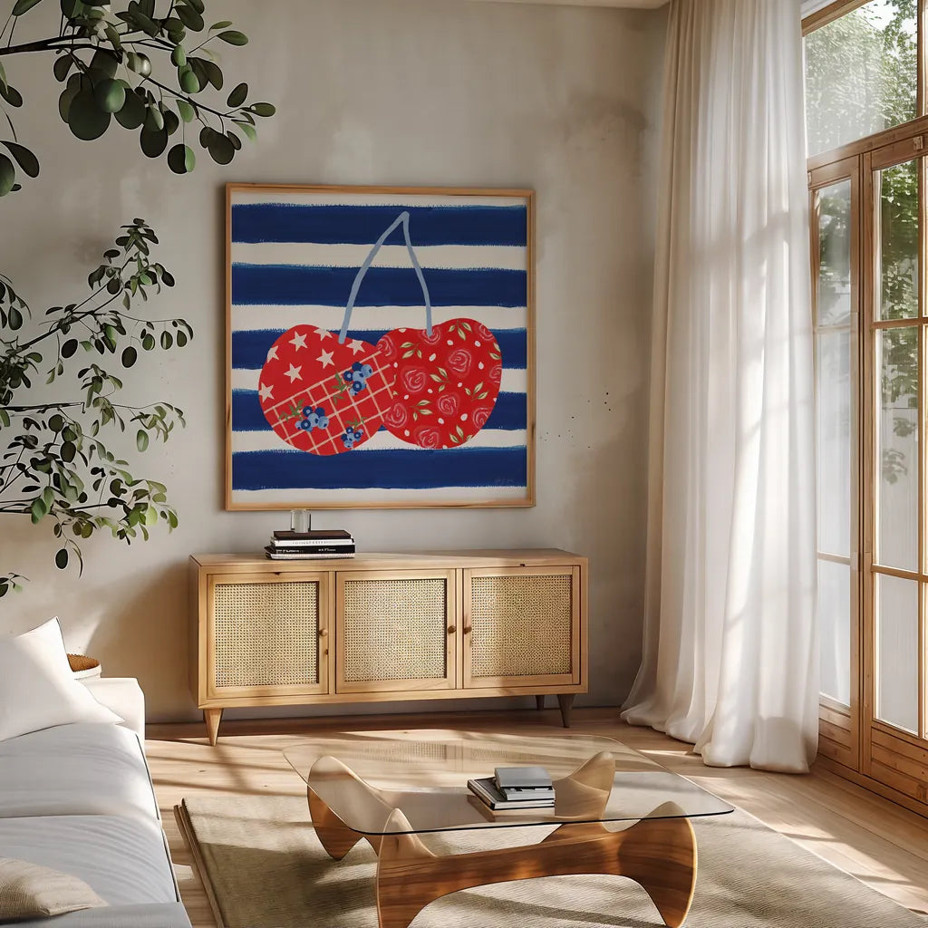 Berry Americana X by Yvette St. Amant. Shown in a natural wood frame in a cozy modern living room. Available as an archival giclee rolled canvas, fine art paper, or poster print. SKU 97659a.