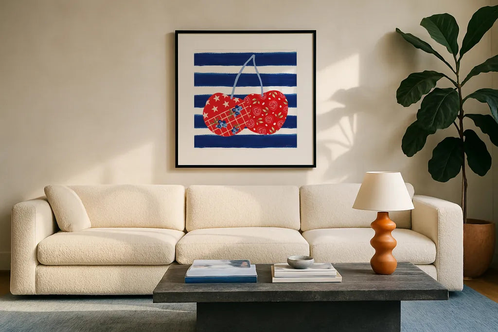 Berry Americana X by Yvette St. Amant. Displayed in a glass frame with matte in a clean modern living room. Available as an archival giclee rolled canvas, fine art paper, or poster print. SKU 97659a.