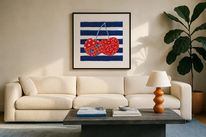 Berry Americana X by Yvette St. Amant. Displayed in a glass frame with matte in a clean modern living room. Available as an archival giclee rolled canvas, fine art paper, or poster print. SKU 97659a.