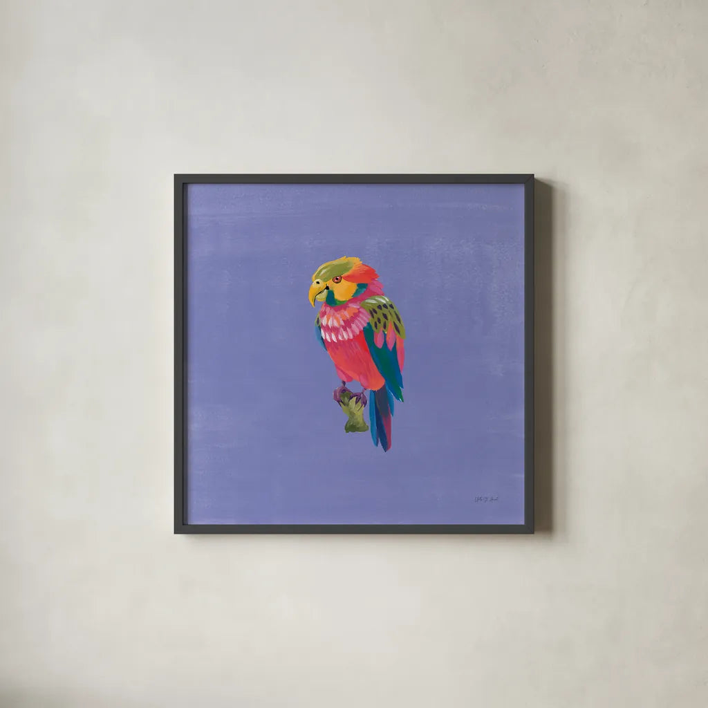 Birds of Paradise II by Yvette St. Amant. Shown in a sleek black glass frame for a contemporary gallery look. Available as an archival giclee rolled canvas, fine art paper, or poster print. SKU 92315a.