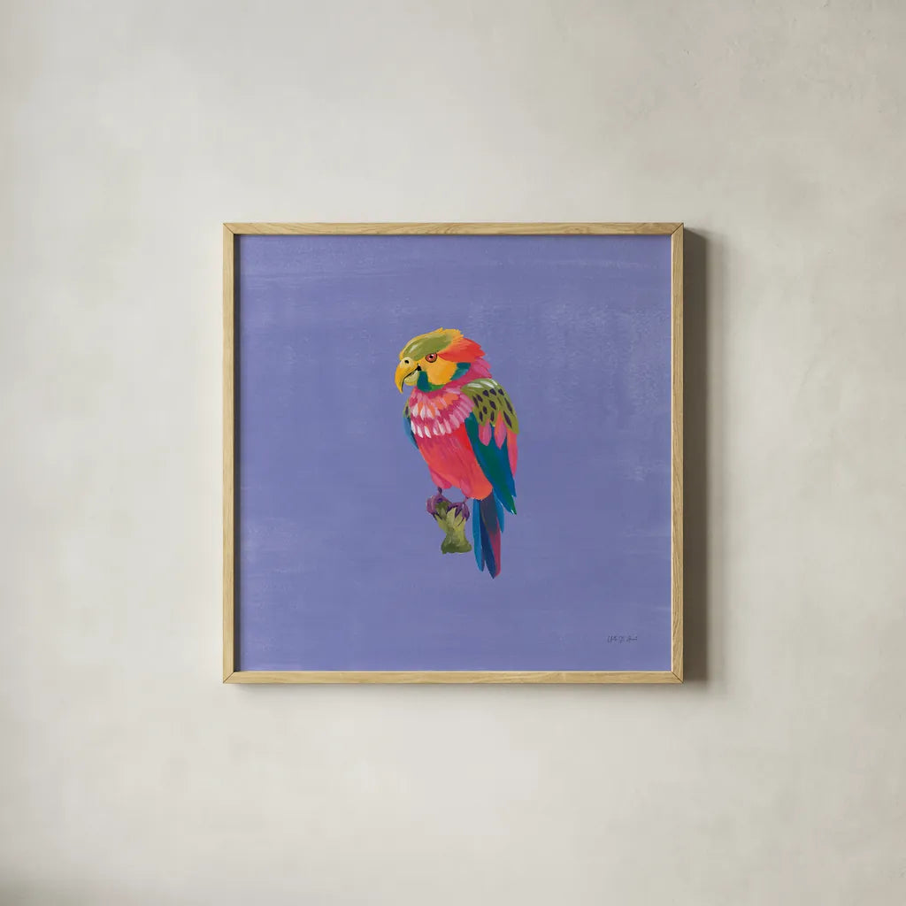 Birds of Paradise II by Yvette St. Amant. Shown in a natural wood glass frame for a timeless modern aesthetic. Available as an archival giclee rolled canvas, fine art paper, or poster print. SKU 92315a.