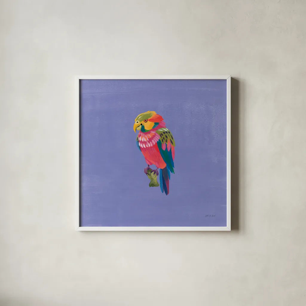 Birds of Paradise II by Yvette St. Amant. Shown in a crisp white glass frame for a clean and minimalist style. Available as an archival giclee rolled canvas, fine art paper, or poster print. SKU 92315a.