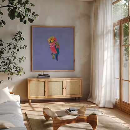 Birds of Paradise II by Yvette St. Amant. Shown in a natural wood frame in a cozy modern living room. Available as an archival giclee rolled canvas, fine art paper, or poster print. SKU 92315a.