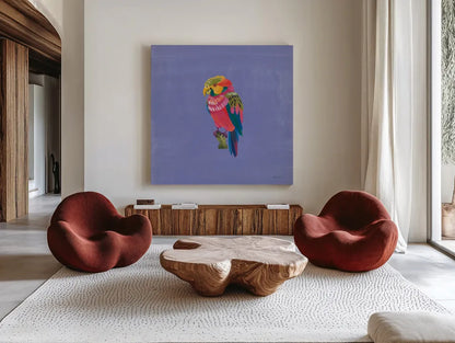Birds of Paradise II by Yvette St. Amant. Shown as extra-large giant wall art in a modern living room. Available as an archival giclee rolled canvas, fine art paper, or poster print. SKU 92315a.