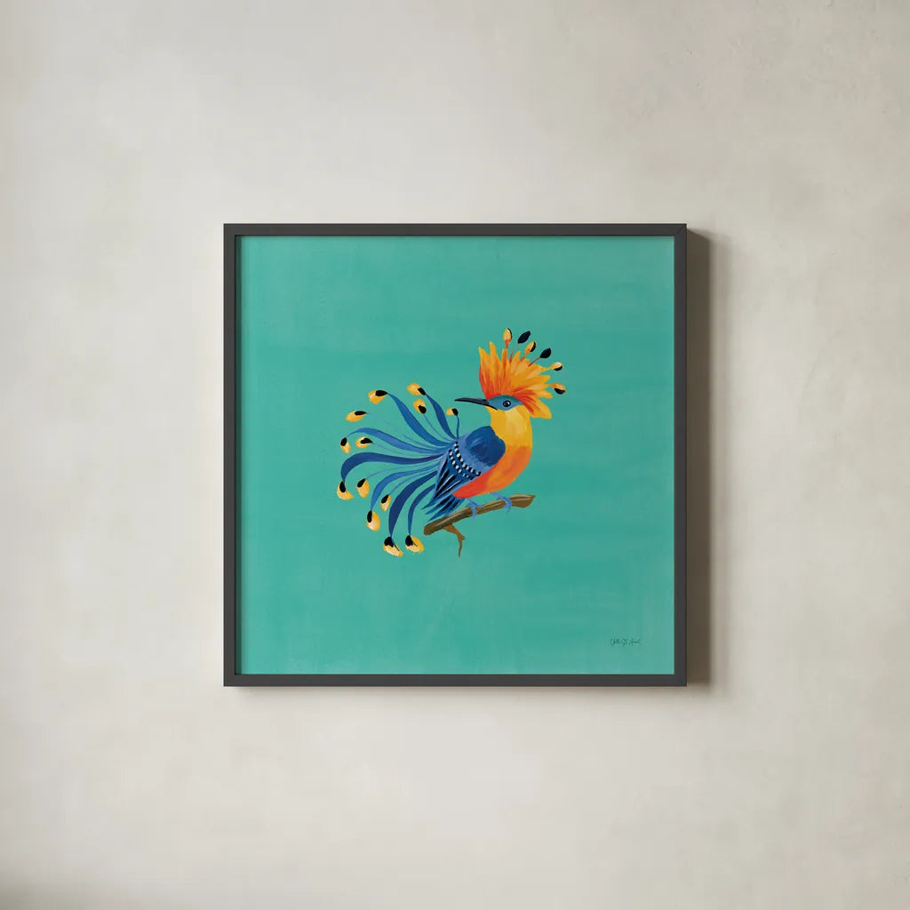 Birds of Paradise IV by Yvette St. Amant. Shown in a sleek black glass frame for a contemporary gallery look. Available as an archival giclee rolled canvas, fine art paper, or poster print. SKU 92317a.