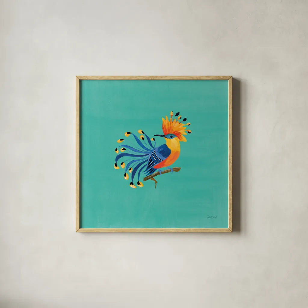 Birds of Paradise IV by Yvette St. Amant. Shown in a natural wood glass frame for a timeless modern aesthetic. Available as an archival giclee rolled canvas, fine art paper, or poster print. SKU 92317a.