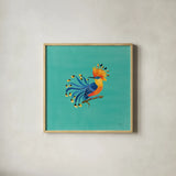 Birds of Paradise IV by Yvette St. Amant. Shown in a natural wood glass frame for a timeless modern aesthetic. Available as an archival giclee rolled canvas, fine art paper, or poster print. SKU 92317a.