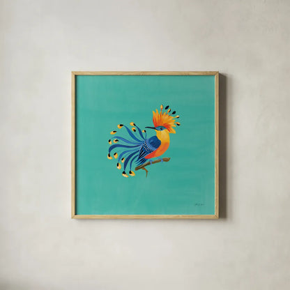 Birds of Paradise IV by Yvette St. Amant. Shown in a natural wood glass frame for a timeless modern aesthetic. Available as an archival giclee rolled canvas, fine art paper, or poster print. SKU 92317a.