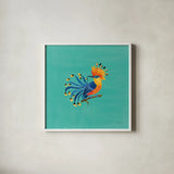 Birds of Paradise IV by Yvette St. Amant. Shown in a crisp white glass frame for a clean and minimalist style. Available as an archival giclee rolled canvas, fine art paper, or poster print. SKU 92317a.