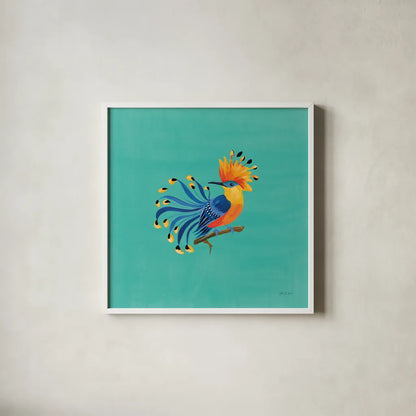 Birds of Paradise IV by Yvette St. Amant. Shown in a crisp white glass frame for a clean and minimalist style. Available as an archival giclee rolled canvas, fine art paper, or poster print. SKU 92317a.